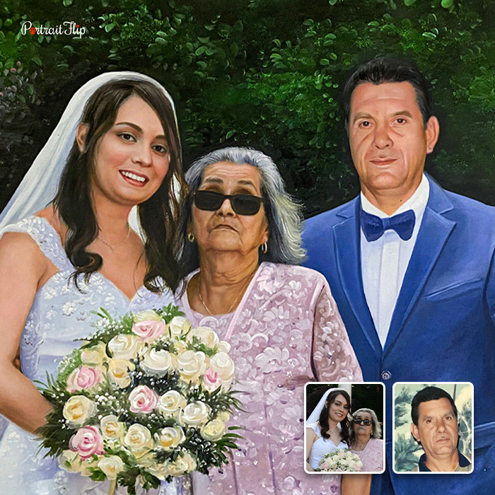 Wedding portrait painting with a departed loved one added to the scene
